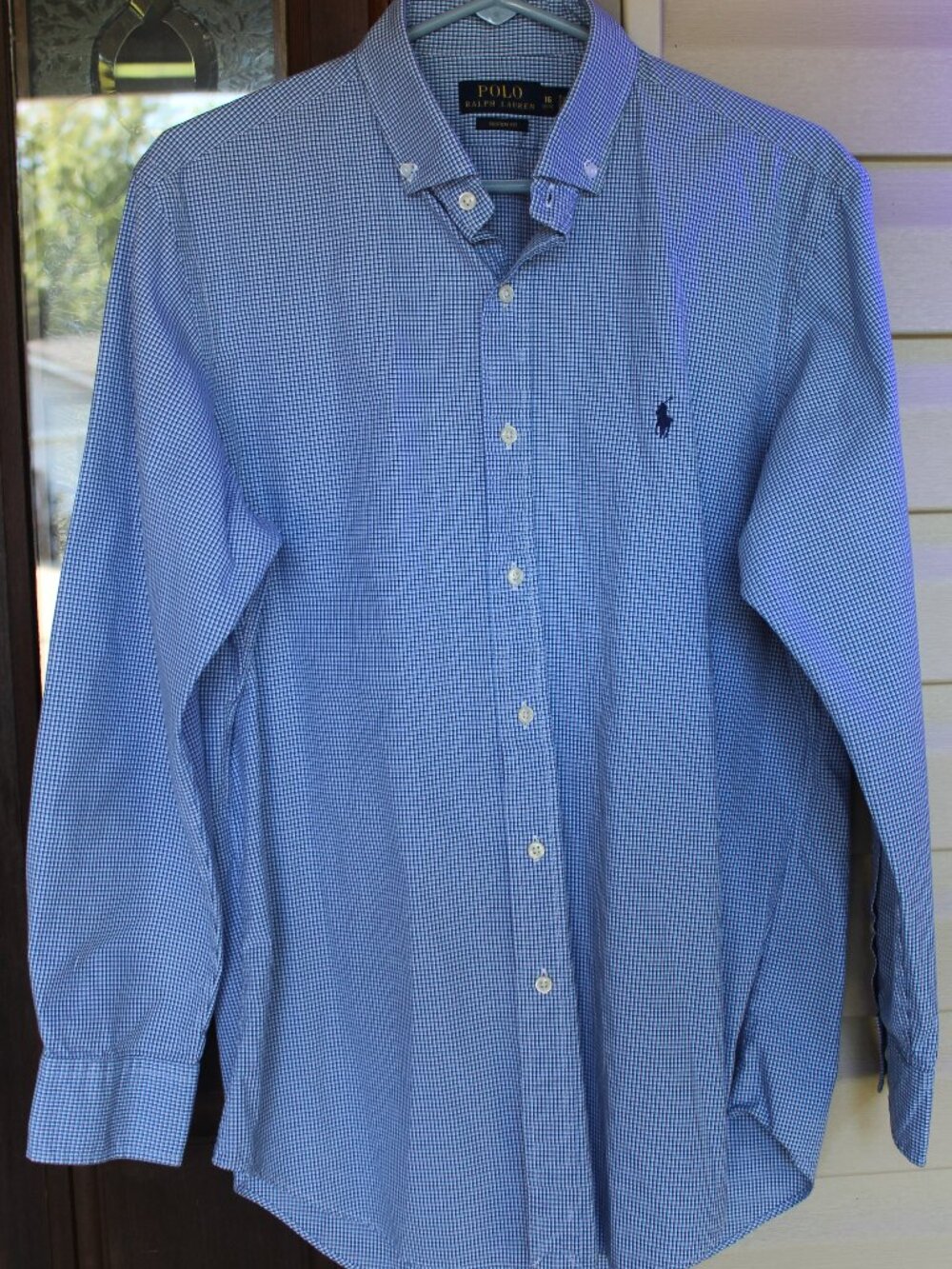 Polo Ralph Lauren Blue and White small Checked Long Sleeve Shirt Men's 16 32/33